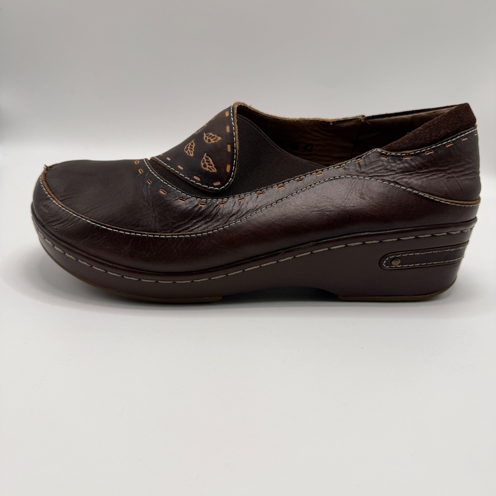 L'Artiste Spring Step Burbank Brown Leather Embroidered Clog Wedge Womens 10.5